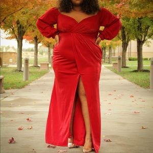A red high split dress
